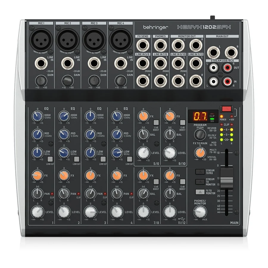 Behringer XENYX 1202SFX Premium Analog 12-Input Mixer with USB Streaming Interface and Klark Teknik Effects
