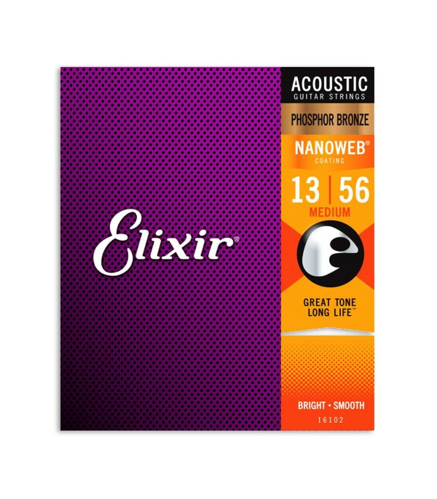 Elixir Strings 16102 Nanoweb Phosphor Bronze Acoustic Guitar Strings - .013-.056 Medium