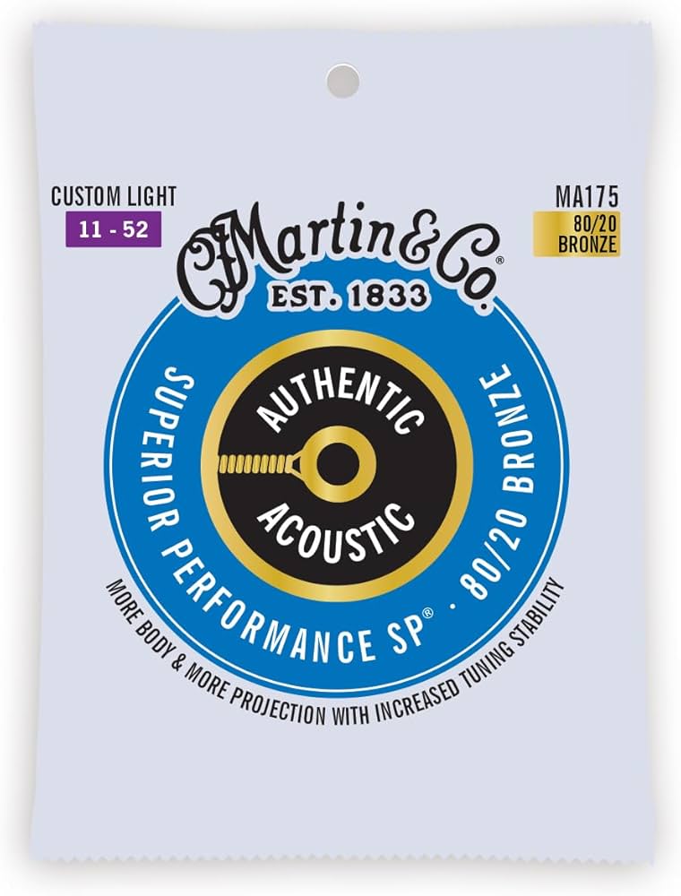 Martin MA175 Authentic Acoustic Superior Performance 80/20 Bronze Guitar Strings – .011-.052 Custom Light