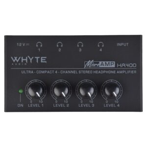 Whyte Audio HA400 Headphone Amplifier, 4 Channel Metal Stereo Audio Amplifier, Mini Earphone Splitter, 4 Quarter Inch Balanced TRS Headphones Output, TRS Audio Input for Sound Mixer